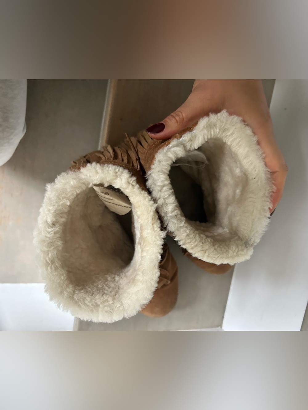 Tory Burch Chestnut Brown Suede Fringe Shearling moccasins - Picture 2 of 6